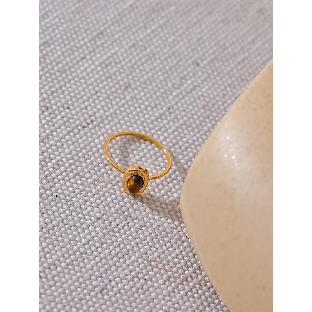 Bague Pierre Naturelle Ovale – Acier Doré 18K