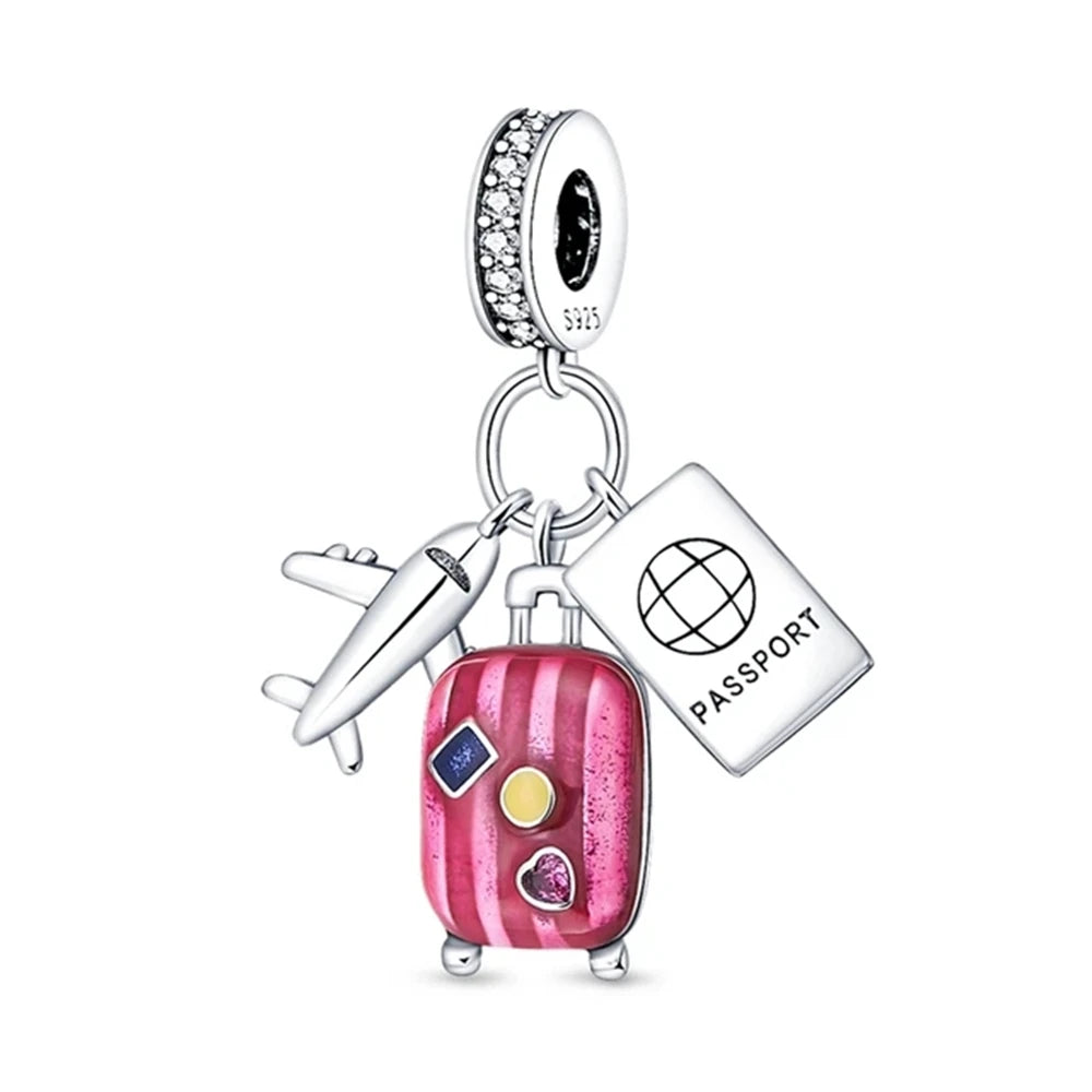Charm Avion & Passeport en Zircon Rose – Argent 925