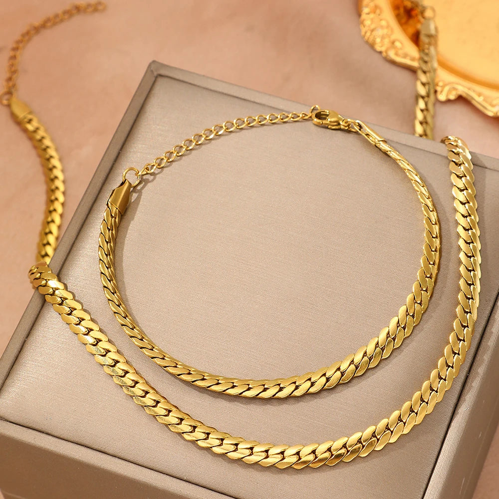 Parure Chaîne Cubaine Plate – Acier Doré 18K
