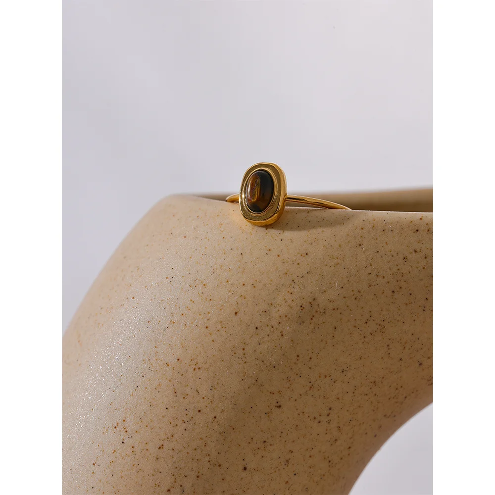 Bague Pierre Naturelle Ovale – Acier Doré 18K