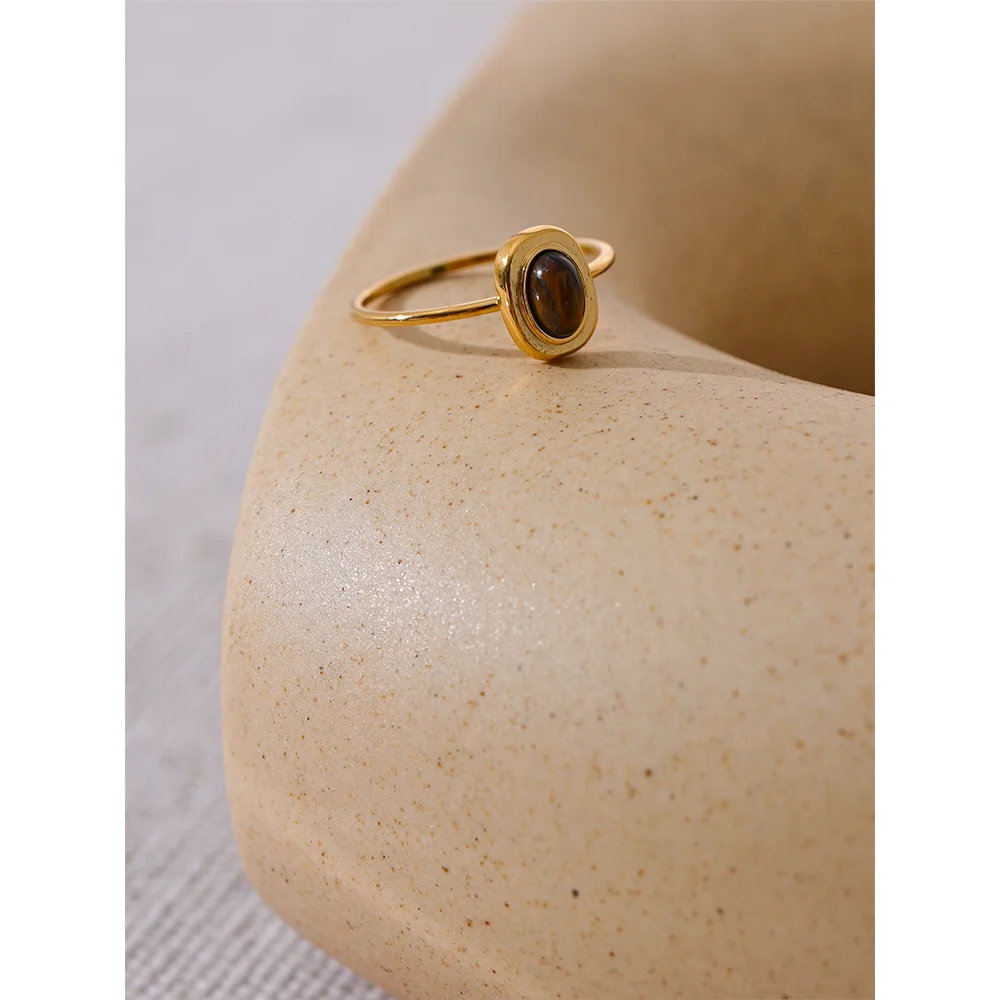 Bague Pierre Naturelle Ovale – Acier Doré 18K