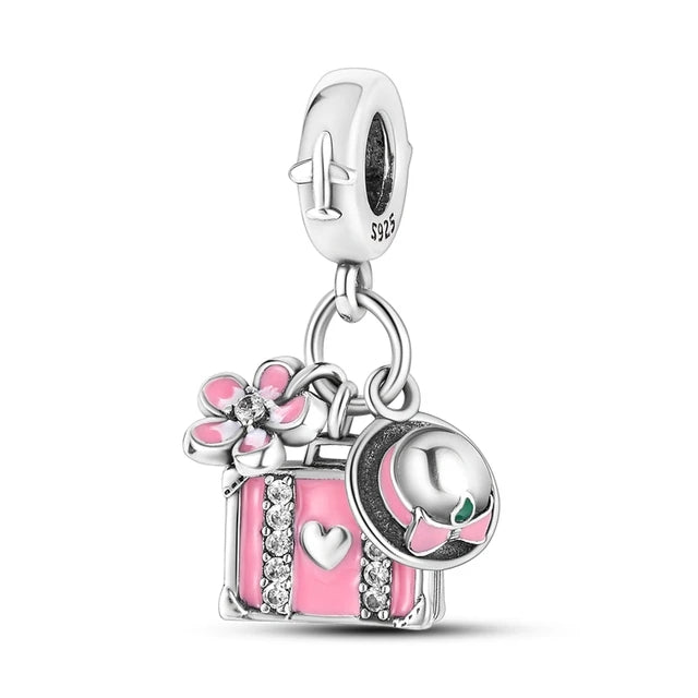 Charm Avion & Passeport en Zircon Rose – Argent 925