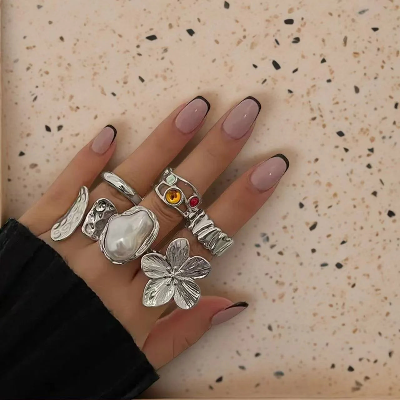 Set de 6 Bagues Vintage – Fleur & Perle