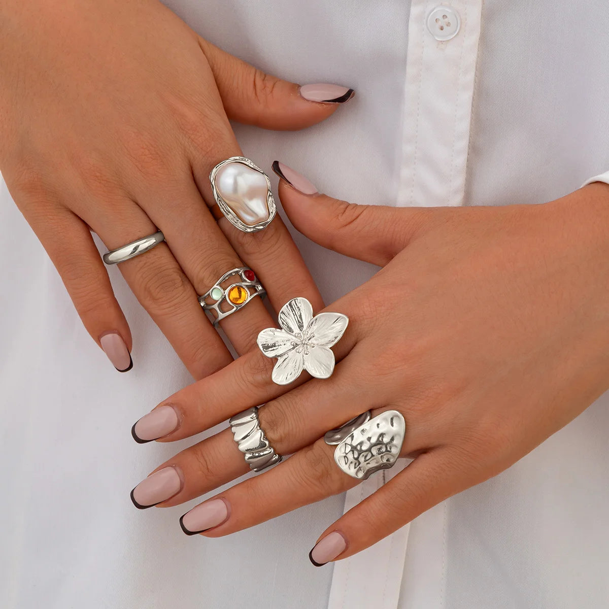 Set de 6 Bagues Vintage – Fleur & Perle