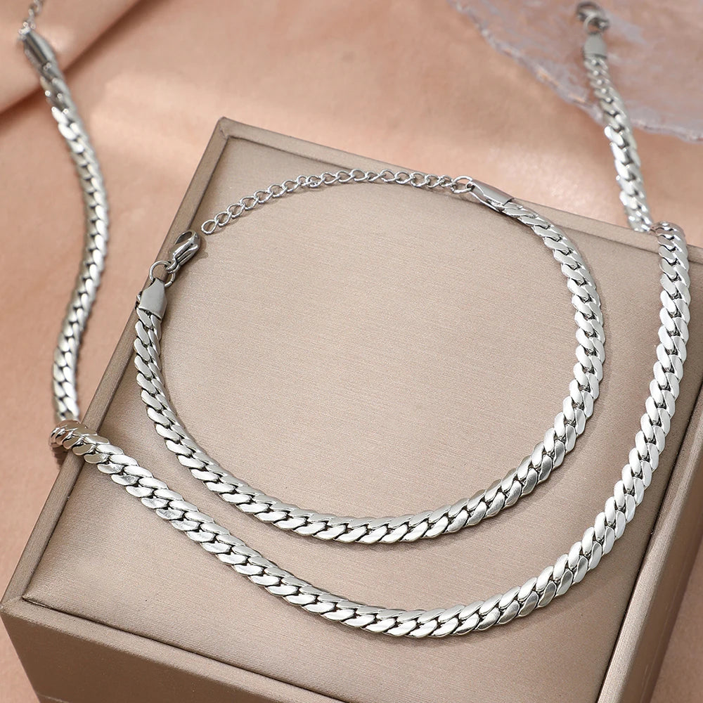 Parure Chaîne Cubaine Plate – Acier Doré 18K