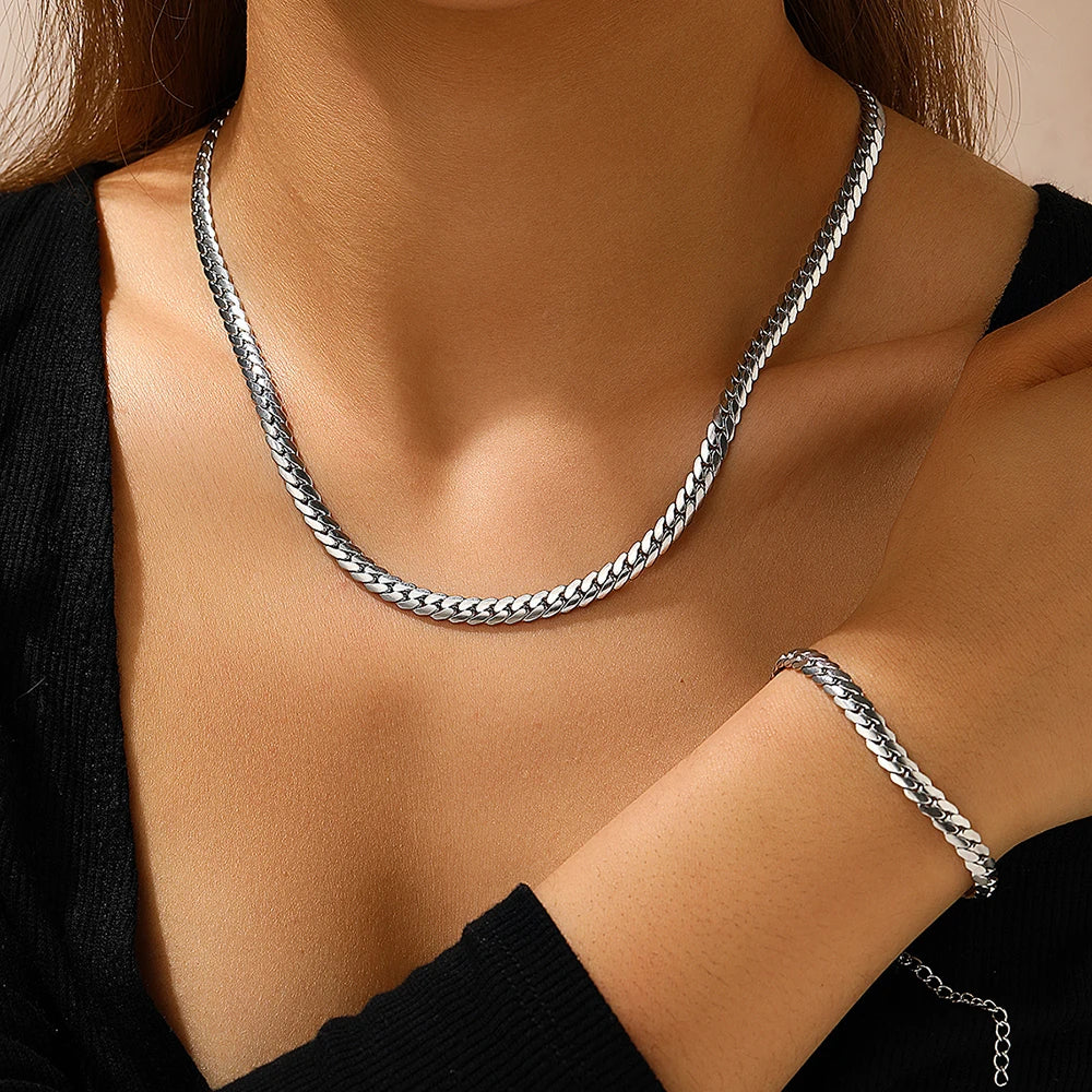 Parure Chaîne Cubaine Plate – Acier Doré 18K